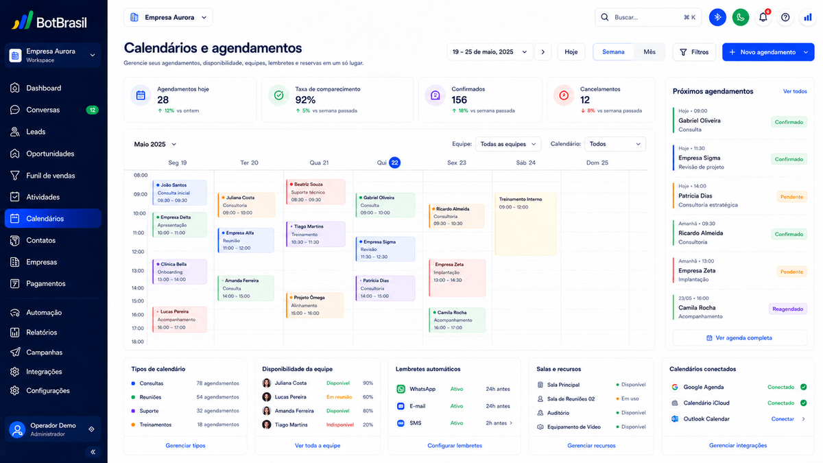 Calendário de agendamento online da BotBrasil com horários disponíveis e confirmação automática — BotBrasil para energia solar
