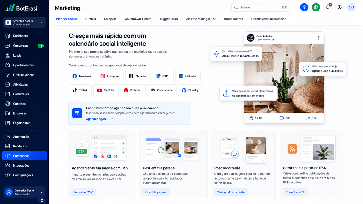 Painel de marketing da BotBrasil com gestão de redes sociais, campanhas e relatórios de conversão — BotBrasil para energia solar