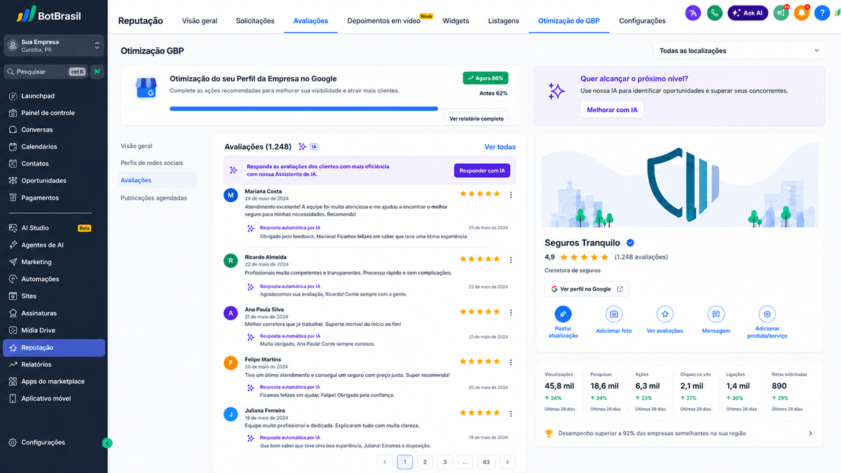 Painel de reputação online da BotBrasil com avaliações do Google, NPS e respostas automáticas — BotBrasil para energia solar